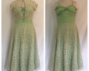 FLASH SALE Vintage 1940's Light Green Dress with Lace