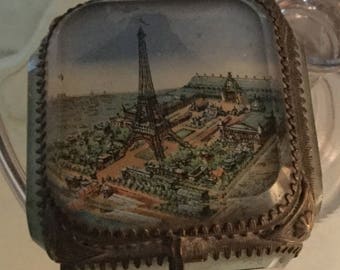 Vintage French glass jewelry box with Eiffel Tower picture
