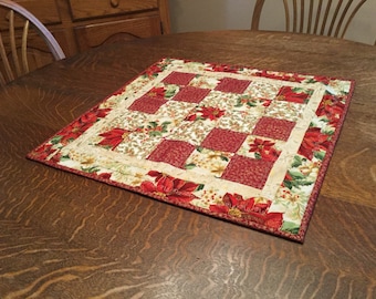 Quilted christmas table topper, christmas table topper,poinsettia table topper, quilted table topper, christmas candle mat, candle mat