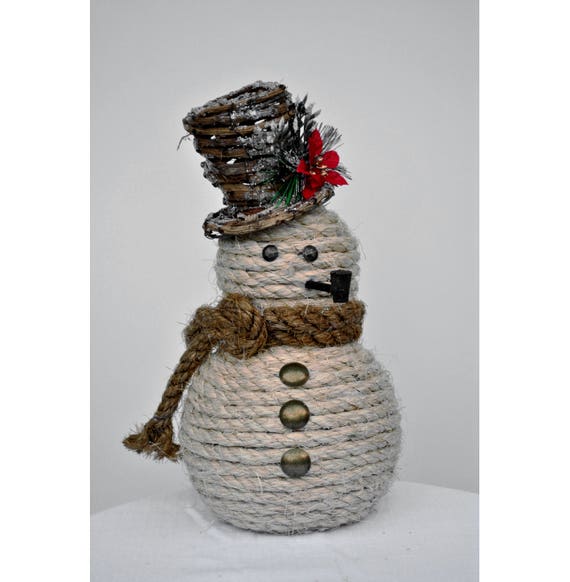 Rustic Rope Snowman, Nautical Christmas Decor, Natural Sisal Rope with Colored Scarf and Top Hat