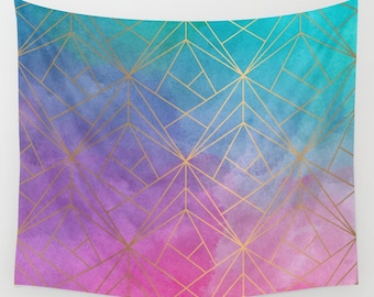 Watercolor Geometric Gold Pattern Wall Tapestry, Wall Hanging, Gold Wall Tapestry, Watercolor Tapestry, Bohemian Hanging, Boho Wall Tapestry