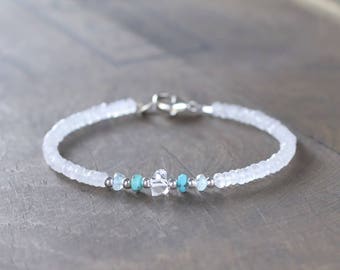 Turquoise, Herkimer Diamond Crystal & Moonstone Bracelet in Sterling Silver or Rose Gold Filled, White Gemstone Delicate Beaded Bracelet