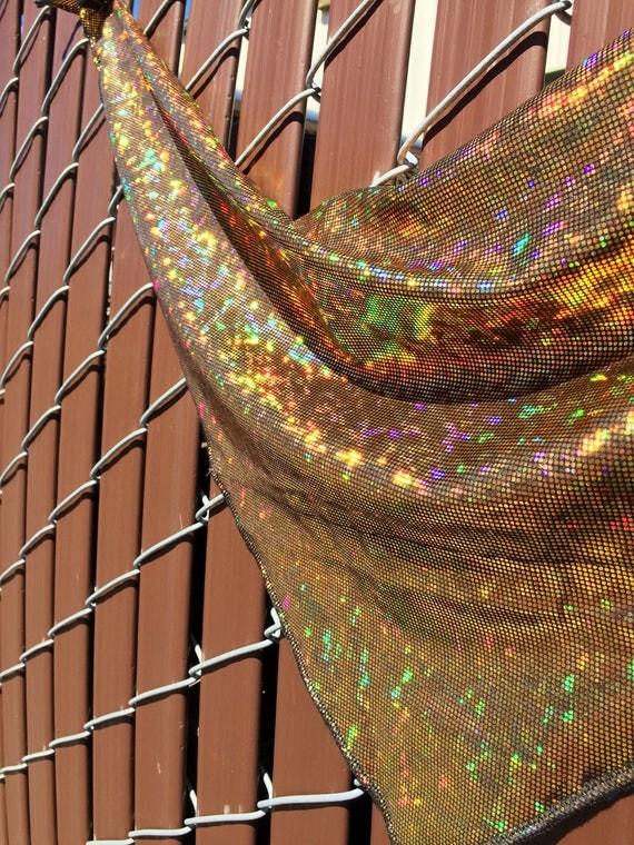 Gold on Black Spandex Bandana w/ Shattered Glass Holographic Gold Rainbow Sheen and Hidden Stash Pocket