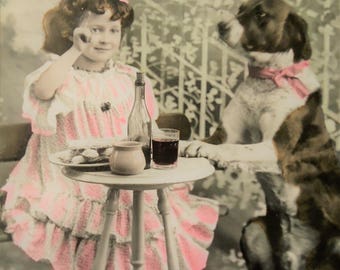 Antique dog postcard - Edwardian little girl, child lace dress, dog animal pet, lunch table garden chair, french hand tinted, 1900
