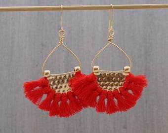 Fringe Earrings - Red Tassel Earrings - Boho Tassel Earrings - Multi Tassel Earrings - Fan Earrings - Half Circle Earrings, Tassle Earring