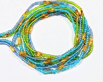 3 40-Inch Strands, African Waist Beads Belly Jewelry, Blue Green Gold, Bracelets Necklace Anklets