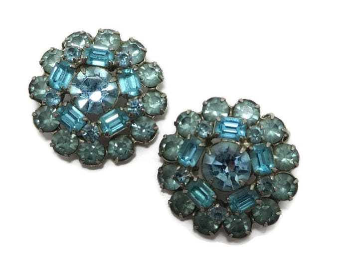 Weiss Teal Blue Earrings, Vintage Large Blue Rhinestone Clip-on Earrings Signed Designer Jewelry, Gift for Her