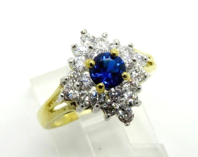 Lind Blue Quartz Cocktail Ring, Vintage CZ & Quartz Gold Plated Ring, 14K HGE Ring, Engagement Ring, Size 5.75