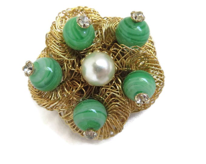 Weiss Bird's Nest Brooch, Vintage Art Glass, Gold Tone Pin, Faux Pearl Rhinestone Pin, Signed Designer Jewelry