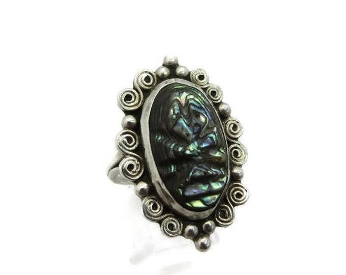 Mexican Abalone Sterling Silver Ring, Carved Abalone Ring, Size 7