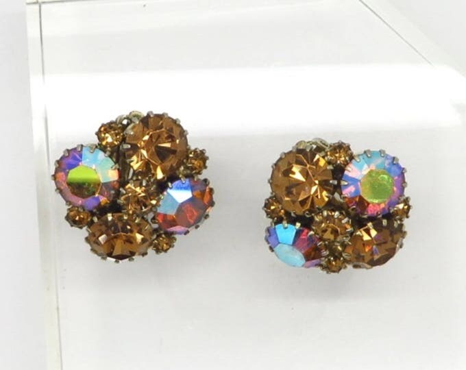 Rhinestone Cluster Earrings, Vintage Weiss Cognac Rhinestone Earrings, Cluster Clip-on Earrings, Gift for Her
