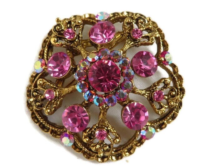 Pink Rhinestone Brooch, Mid Century Pin, Vintage Weiss Pink Rhinestone Brooch, AB Rhinestone Gold Tone Signed Designer Pin
