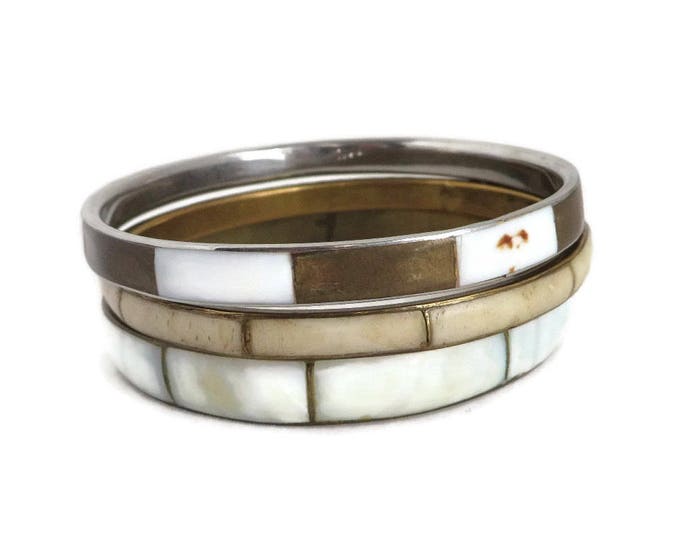 Vintage Bangles - MOP Bangle Trio, Mother of Pearl Inlay Bracelets, White, Brown Cream Bangles, Gift for Her
