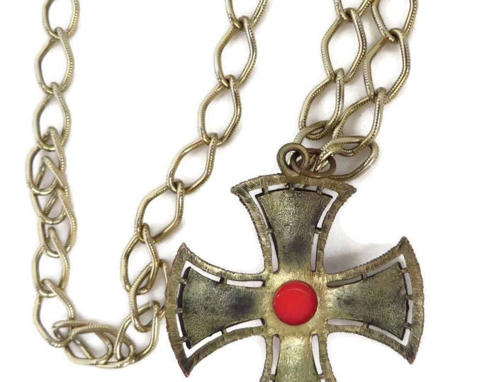 Vintage Cross Necklace - Maltese Cross Pendant, Gold Tone Chain Link Long Pendant Necklace, Gift idea, Gift Box