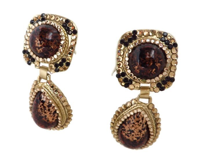 Vintage Chunky Earrings, Dangling Brown & Gold Tone Clip-on Earrings