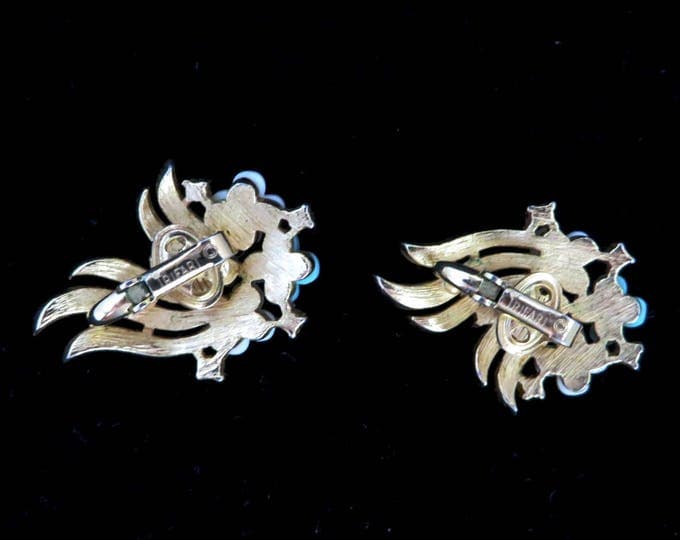 Crown Trifari Lucite Flower Earrings, Vintage Rhinestone, Gold Tone Signed Designer Clip-on Earrings, FREE SHIPPING