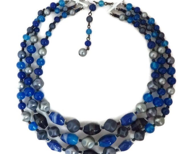 Vintage Japan Blue Bead Necklace, Multi Strand Beaded Choker, Mid-Century Costume Jewelry
