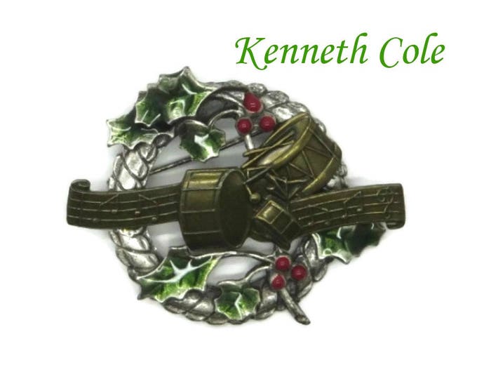 Vintage Brooch - Signed KC Holiday Pin, Xmas Brooch, Musical Pin, Wreath Pin, Enameled Pin, Kenneth Cole Brooch