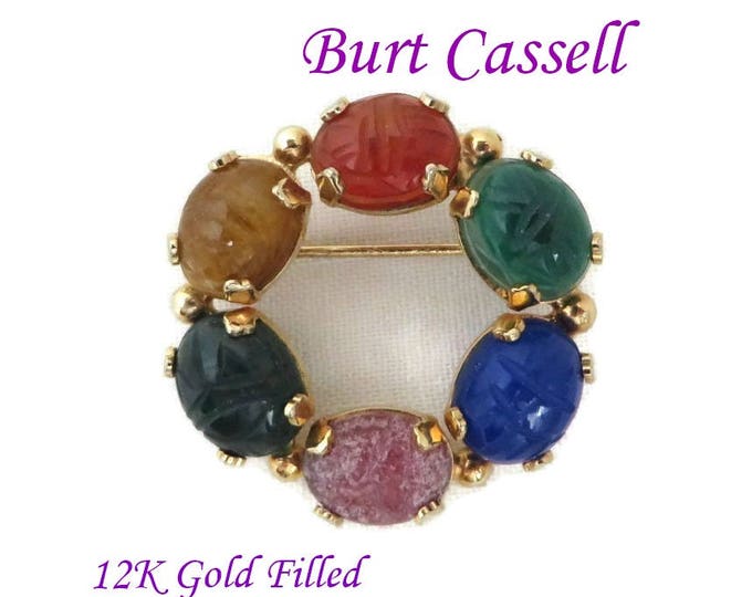 Vintage Burt Cassell Scarab Brooch, 12K Gold Filled Gemstone Circle Pin