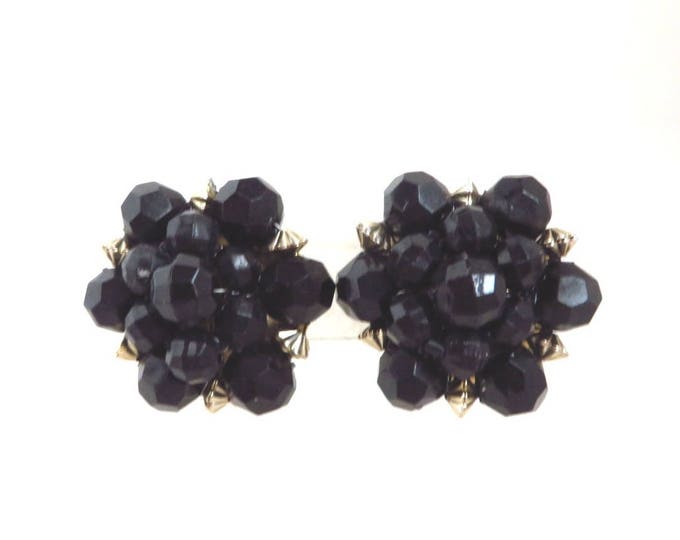 Cluster Bead Earrings - Vintage Hong Kong Black Beaded Earrings, Gold Tone Clip-ons, 60s Jewelry, Gift for Her, Gift Boxed