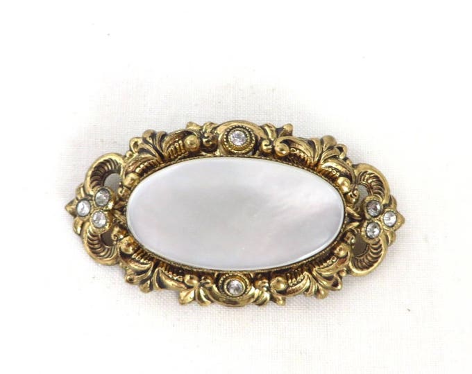 Vintage Moonstone Brooch - Victorian Rhinestone Gold Tone Pin, Valentine's Day Gift, Gift Boxed