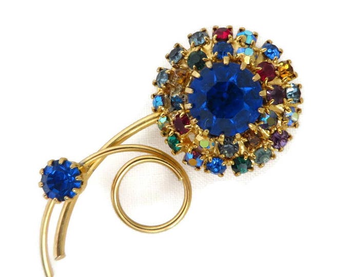 Rhinestone Multicolor Brooch - Vintage 1950s Sparkly Curved Leaf Flower Pin, Gift for Her, Gift Boxed