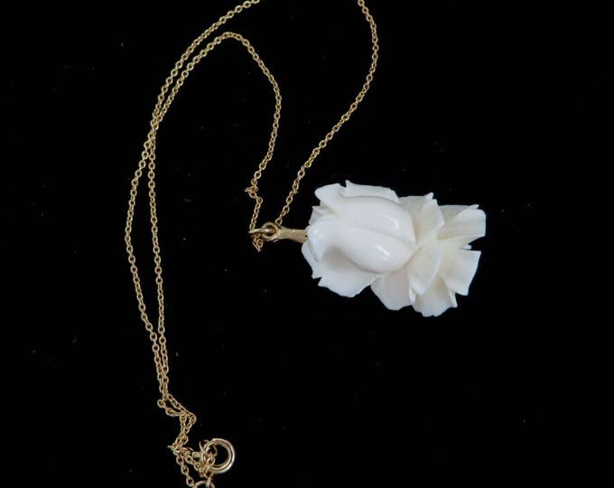 Vintage White Rose Pendant Necklace - Blooming Rose Pendant, Gold Tone Chain Necklace