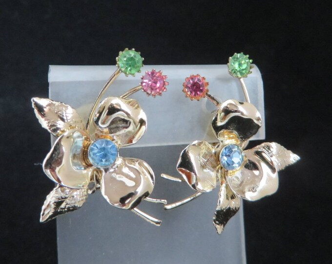 Gold Tone Flower Earrings | Vintage Pastel Rhinestone Clip-ons | Mid-Century Earrings