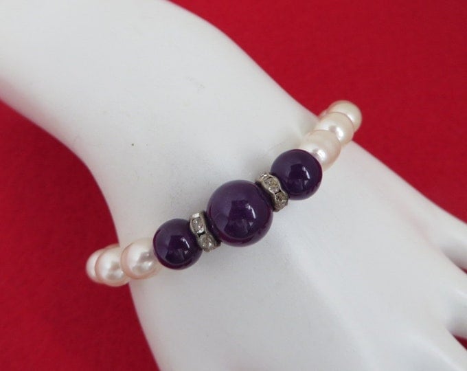 Vintage Pearl Stretch Bracelet, Purple Bead, Rhinestone Bracelet