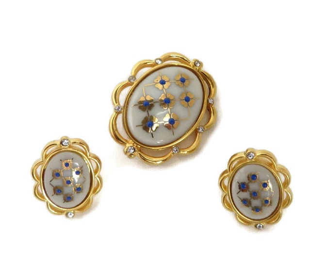Lenox China Brooch, Earrings - Vintage Blue Dot Ivory China Demi Parure, Gift for Her, Gift Boxed