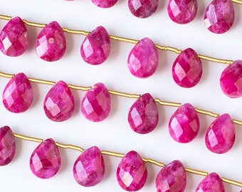 Gemstone Briolette Beads - Ruby - Faceted Hand Cut - Grade AA Quality - 7x10mm - Top Drilled Horizontal 1mm - 02 pieces per order