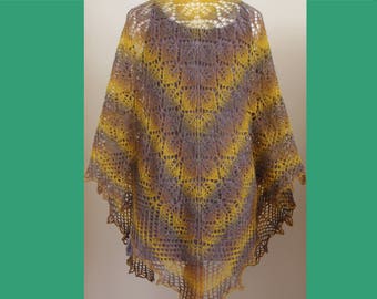 Hand knit triangular lace wool shawl