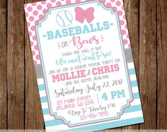 Baseballs or Bows, Which One Will It Be Gender Reveal Party Invitation - Baby Boy/Girl Invite - Red/Blue or Pink/Blue -Girl or Boy-Printable