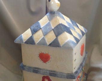 COOKIE JAR ~ Birdhouse with White Bird on Top, Embossed, Blue and White, 1980s