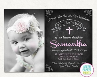 25% OFF Printable Baptism Invitation - Christening Invite - Dedication - Church - Godparents - Photo Invite - Printable - Chalkboard - Pink