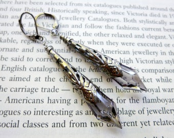 Grey Earrings Art Deco Style Great Gatsby Gunmetal Jewelry Elven Steampunk Jewellery Clip On Beaded Earrings Conical Earrings Pointed Drops