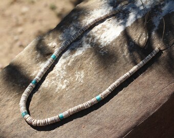Vintage Heishi & Turquoise Stone Bead Necklace Choker, Native American