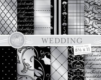 BLACK and SILVER WEDDING Digital Paper / Silver Wedding Printables / Wedding Downloads, 8 1/2 x 11 Wedding Patterns Wedding Scrapbook Prints