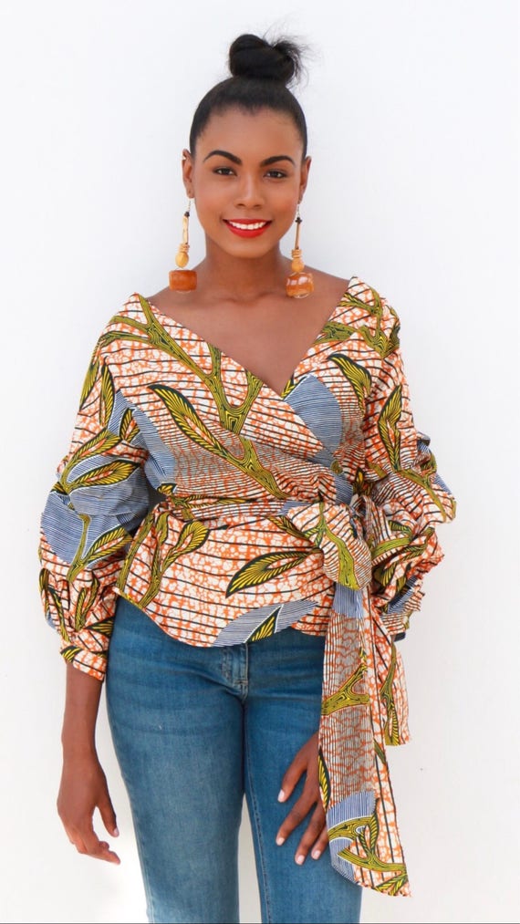 Items similar to African Print Top - The Maui Wrap Blouse: Calla Denim ...