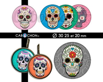 Mexican Skull lll • 45 Images Digitales RONDES 30 25 et 20 mm digital sheet sugar skulls mexicana crane tete de mort muerte printable