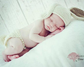 Crochet Bunny Beanie and Diaper Cover Set in Cream and Tan/Photography Prop/Easter/Baby Shower Gifts