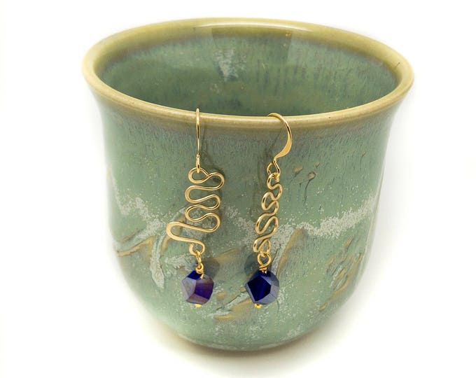 AMAZGold Wire Hammered with Blue Crystal, Blue Gold Earrings, Gold Handmade Earrings, Blue earrings, Unique Earrings,