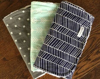 Gender neutral burp cloths • modern baby gift • Baby shower gift • Navy Herringbone • Gray X's • Aqua arrows • modern baby