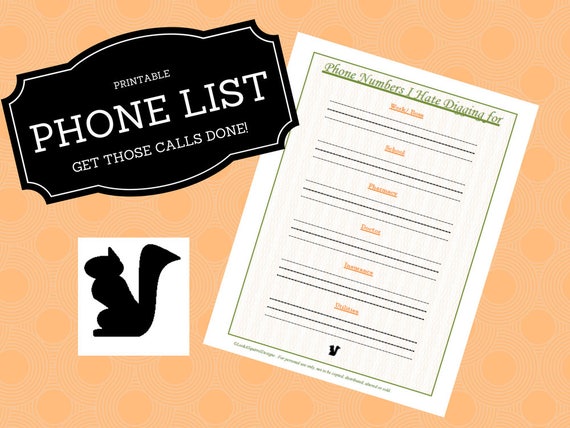 8.5x11 Printable Phone List Instant Download Phone