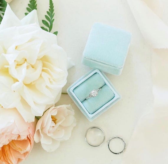 Ring Box in Vintage Blue Velvet Light Blue Grosgrain Ribbon
