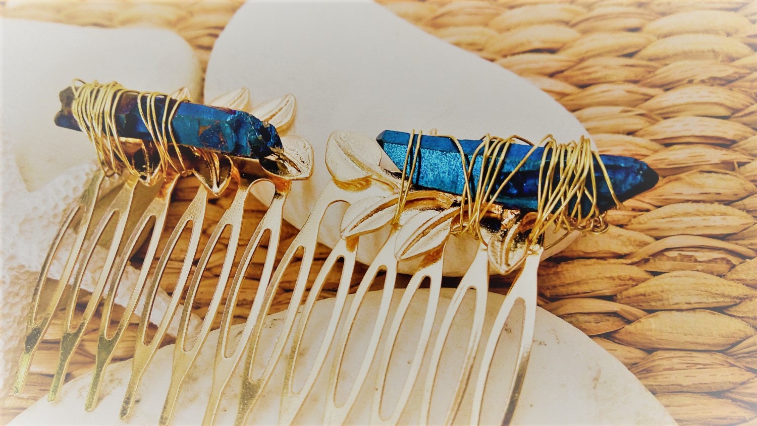 Boho Hair Jewelry Raw Stone Hair Clips Golden Wire Wrapped