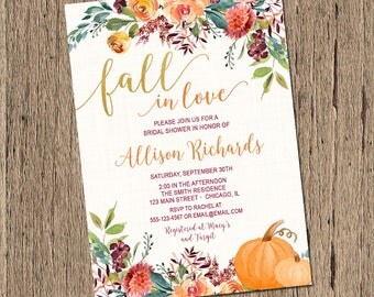Fall Bridal Shower Invitation, Pumpkin bridal shower invitation, fall wedding shower watercolor flowers fall in love bridal shower printable
