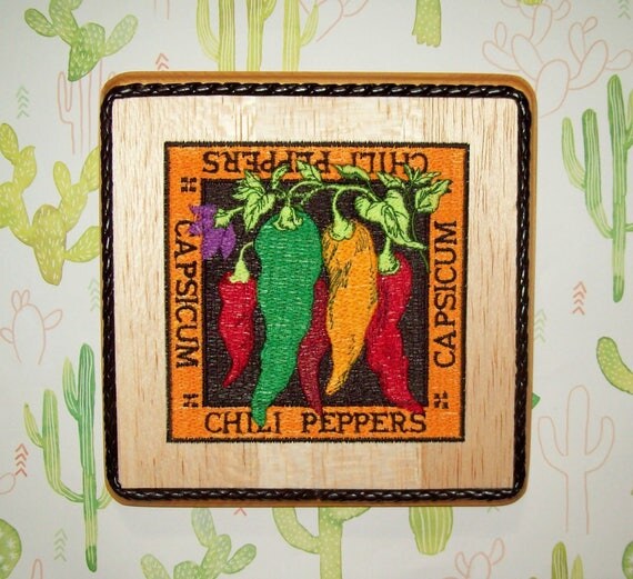 Mexican Kitchen Wall Decor Chili Pepper Embroidery on Wood