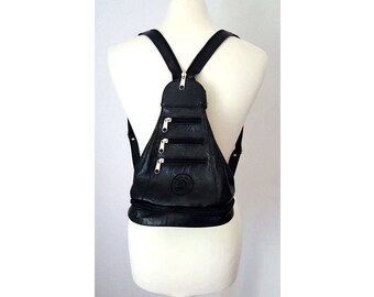90s Black Leather Mini Backpack Multi Zips