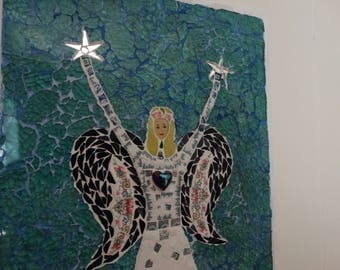 Cottage Angel, quirky, primitive, original design mosaic,vintage china